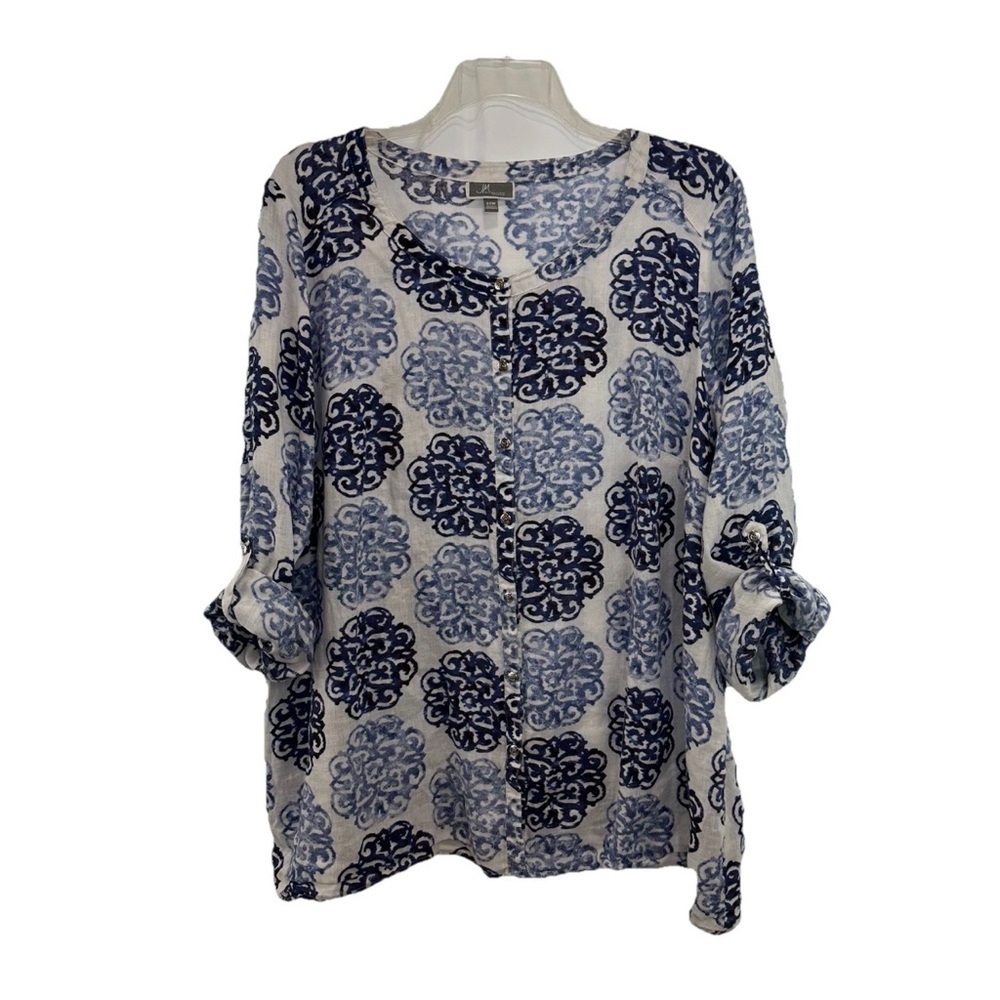 JM Collection Blue White Geo Print Button Linen Top Coastal Womens Size 22W